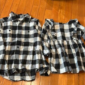 Children Place- matching Black and White buffalo check shirt size 5/6 & dress 2T